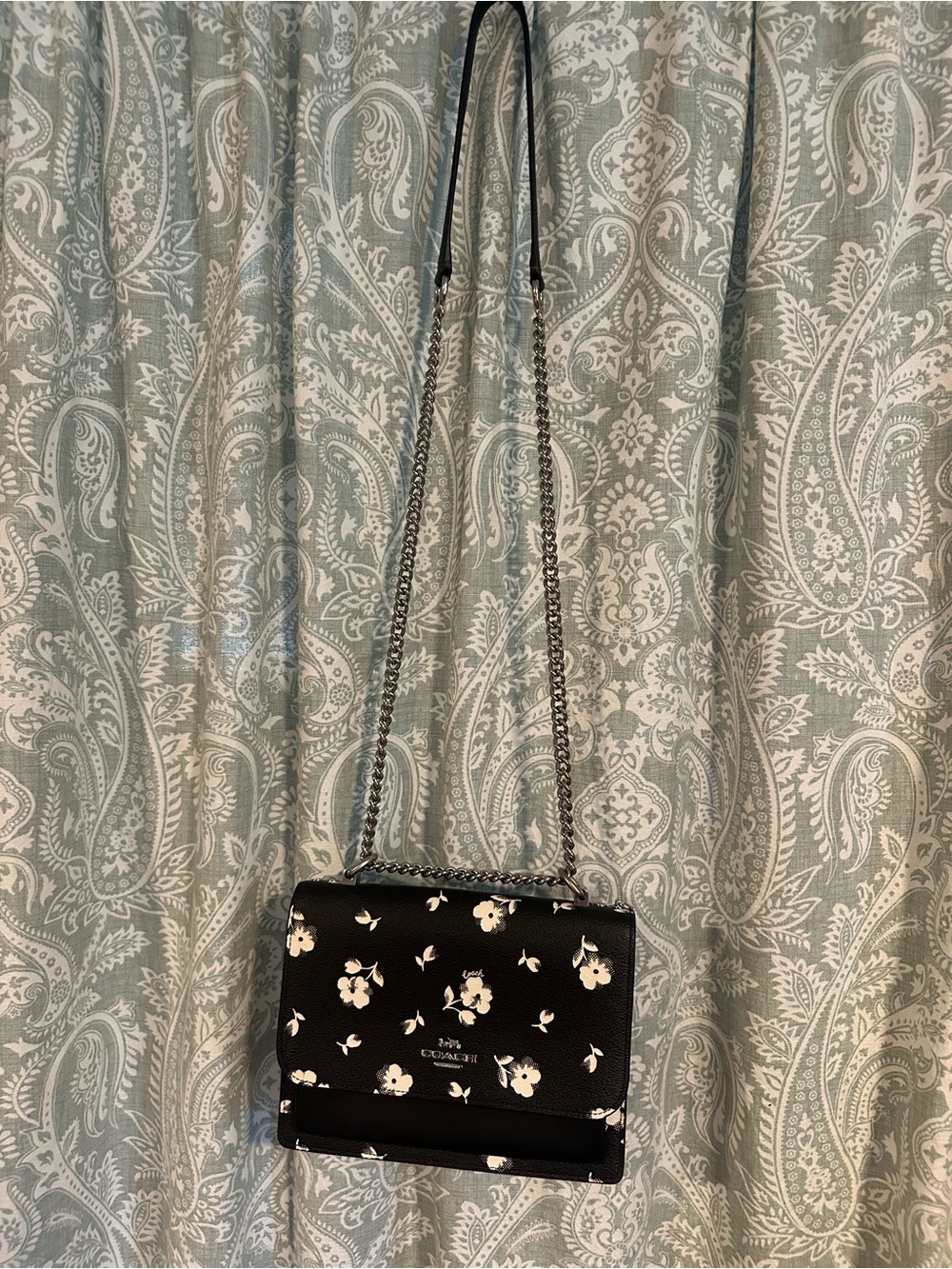 Coach Black Floral Crossbody with Silver Chain
